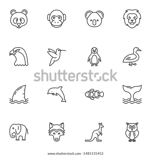 Animals line icons set. linear style symbols\
collection outline signs pack. vector graphics. Set includes icons\
as lion, eagle, dolphin, whale, fish, elephant, monkey, penguin,\
panda, owl,\
hummingbird