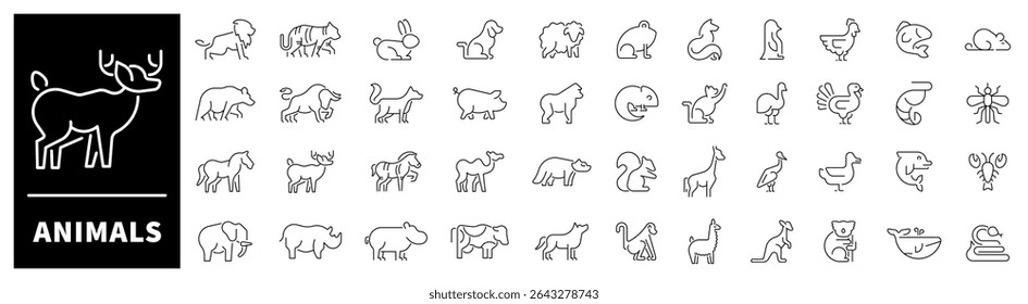 Animals line icons. Set of outline icons related to animals and pets. Animals thin line icons collection. Animal logo set