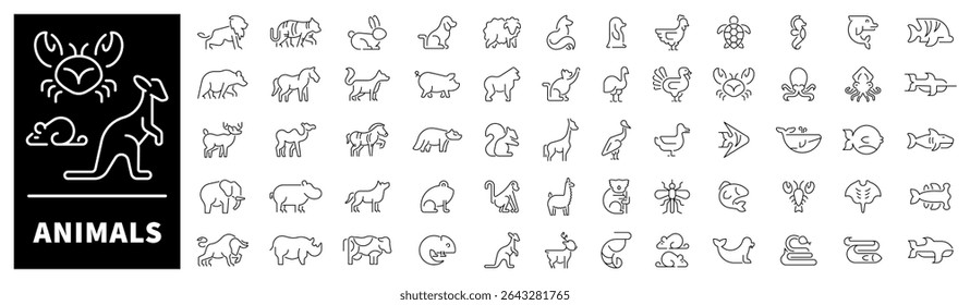 Animals line icons. Set of outline icons related to animals and pets. Animals thin line icons collection. Animal logo set