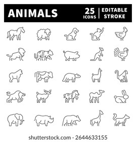 Animals line icons. Set of outline icons related to animals and pets. Animals thin line icons collection