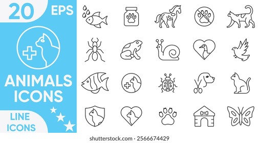 Animals line icons set.Line art style icons bundle. Included the icons as dog, cat, animals, bird, fish, and more.Vector and illustrator set.