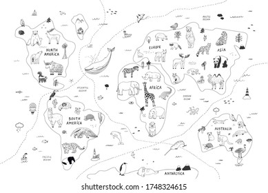 Animals line world vector hand drawn map