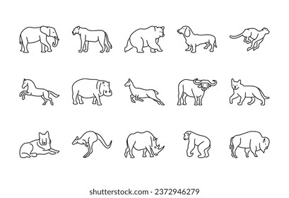 Animals linear vector icons. Animal world. Elephant, lioness, bear, dog, cheetah, horse, hippopotamus, buffalo, cat, wolf, kangaroo and much more. Isolated outline of animals on a white background.