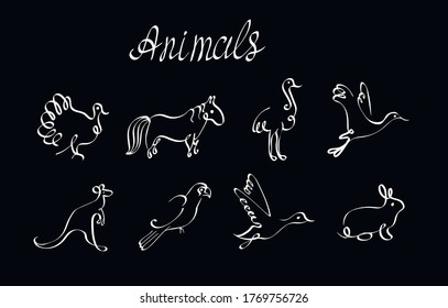 Animals , lineart , chalk lettering vector isolated design elements on black background. Concept for logo, icon, cards 