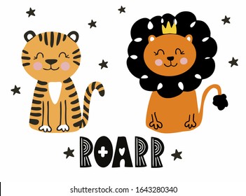 Animals lion and tiger cartoon, isolated vector on a white background with stars and the inscription, in the Scandinavian style. To create posters in the nursery, print on clothes.