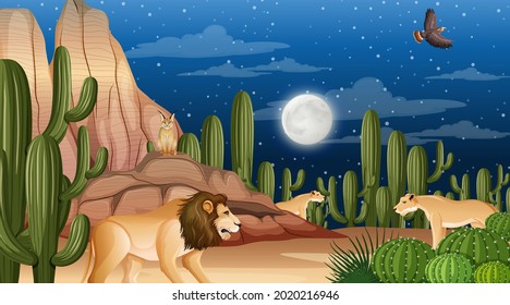 Animals live in desert forest landscape at night scene illustration