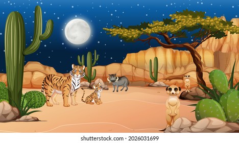 Animales viven en el paisaje forestal del desierto en la ilustración nocturna