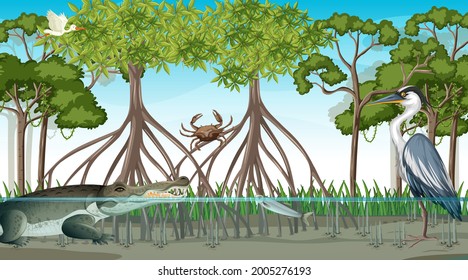 Animals live in Mangrove forest at daytime scene illustration
