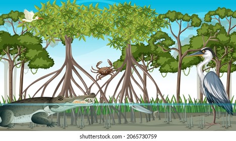 Animals live in Mangrove forest at daytime scene illustration