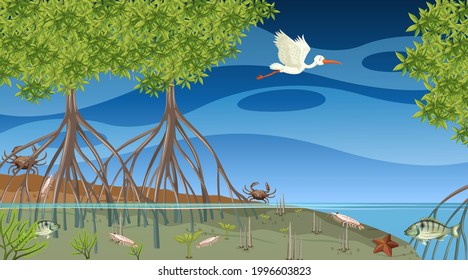 Animals live in mangrove forest at night scene illustration