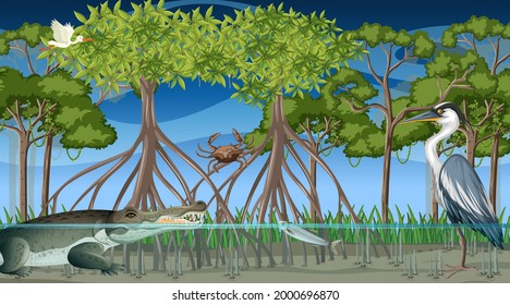 Animals live in mangrove forest at night scene illustration