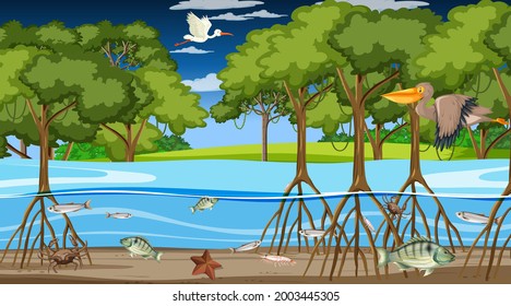 Animals live in mangrove forest at night scene illustration