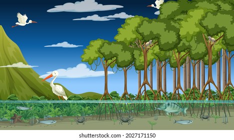 Animals live in mangrove forest at night scene illustration