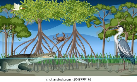 Animals live in mangrove forest at night scene illustration