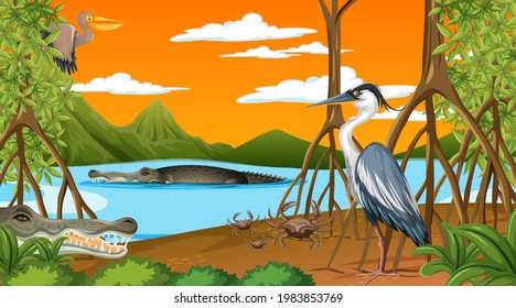 Animals live in Mangrove forest at sunset time scene  illustration