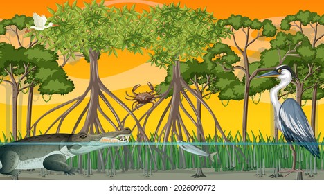 Animals live in Mangrove forest at sunset time scene  illustration