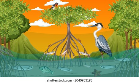 Animals live in Mangrove forest at sunset time scene  illustration