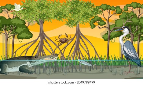 Tiere leben im Mangrovenwald bei Sonnenuntergang, Illustration