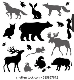 Animales que viven en la selva europea. Conjunto de iconos vectoriales de silueta. 