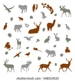 Animals living in european forest. Vector silhouette.