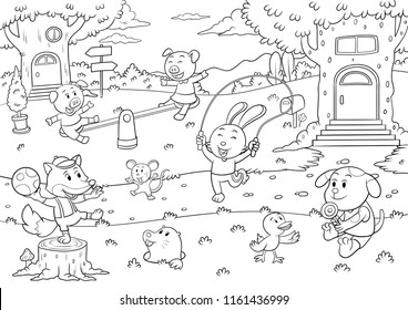 Animals Living In The Tree House, Tree Hollow EPS10 File For Coloring Book