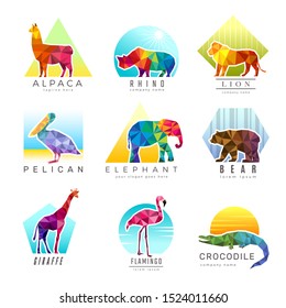 Animals logo. Zoo low poly triangular geometric symbols fo different animals origami colored business identity vector