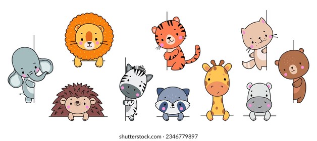 Animals looking out, funny animal peeking out window and wall. Cartoon lion, cat, hedgehog, adorable elephant and tiger, nowaday vector characters