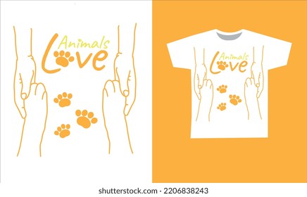 Animals love. Dog paws in human hands. Printable designs on t-shirt.