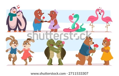 Animals in love. Romantic couples of different cute animals exact vector cartoon template