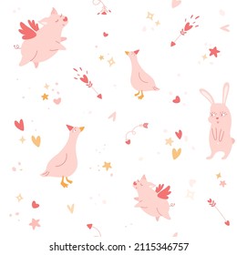 Animals in love seamless pattern. Funny bunny with hearts in eyes, goose, cute flying pig with angel wings. Arrows, abstract textured elements. Valentine's Day background, banner, kids print