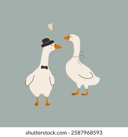 Сute animals, loving geese on a colorful background background. Vector illustration for printing. Cute baby background.