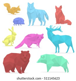 Animals low poly. Origami paper animals. wolf, bear, deer, wild boar, fox, raccoon, rabbit, hedgehog