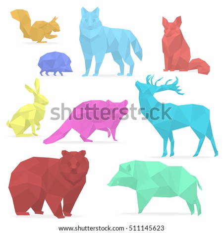 Animals low poly. Origami paper animals. wolf, bear, deer, wild boar, fox, raccoon, rabbit, hedgehog