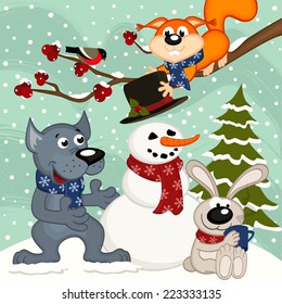 animals make snowman - vector  illustration, eps