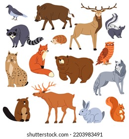 Tiere und Säugetiere aus Wäldern und Wäldern. Einziger Racon und Hirsch, Wolf und Fuchs, Eichhörnchen und Biber, Elch, Kaninchen oder Hasen. Natur und Artenvielfalt, Zoo-Park. Vektorgrafik im Flachstil