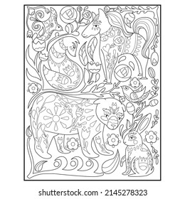 Animals Mandala. Hand drawn doodle.  Coloring page for adult and kids.