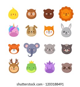 Animals manga smiles. Cute kawaii baby animal emoticons. Unicorn dragon, elephant tiger, lion and owl. Funny avatars vector isolated set. Illustration of animal dog and chick, owl and bear