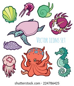 animals - marine life - colorful vector icons set