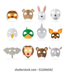 Animals mask vector set. Party costume cute cartoon animals carnival mask. Festival head decoration isolated celebration animals carnival mask.