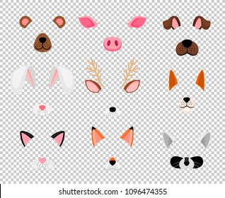 Animals masks. Face masking for masquerade, rabbit and bear, dog, and fox cute halloween head mask set isolated on transparent background, vector illustration