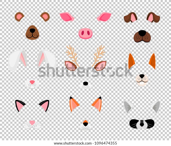 Animals masks. Face masking for\
masquerade, rabbit and bear, dog, and fox cute halloween head mask\
set isolated on transparent background, vector\
illustration