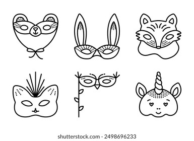 Animals masquerade masks, black line fauna icon set, 6 monochrome vector signs