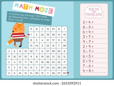 Animals math activities for kids. Cute Fox Math maze game. Find the way through labyrinth by following the numbers in correct order. Vector illustration. Flash card for Activity Book.