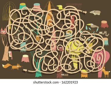 Animals Maze Game. Solution in hidden layer! Illustration is in eps10 vector mode! 