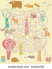 Animals Maze Game. Solution in hidden layer! Illustration is in eps10 vector mode! 