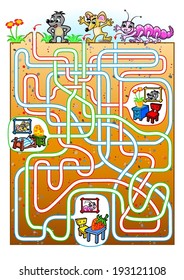 Animals maze for kids. Find a burrow for animals.