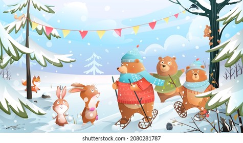 Animals meeting in winter forest. Bears and rabbits celebrating Christmas in snow woodland. Cute animals in winter forest background, Merry Christmas postcard vector graphic.