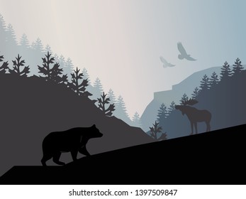 Animals at the mountain forest vector illustration.