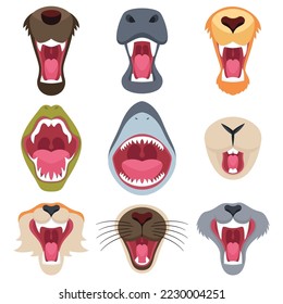 Animals mouth flat icons set. Different mouths of wild animals. Shark and crocodile jaws with sharp teeth, tiger and lion maws. Wildlife. Dangerous animals. Color isolated illustrations