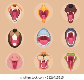 Animals mouth. Teeth and tongue of angry wild animals snakes cute bear horse wolf monkey exact vector cartoon templates